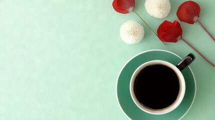  Coffee atop green plate with roses nearby