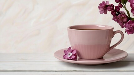  A pink coffee cup and saucer with a pink flower on a white table, set against a white wall