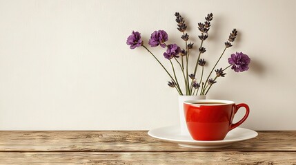  A cup filled with purple flowers sits atop a white saucer on a wooden table, adjacent to a white wall