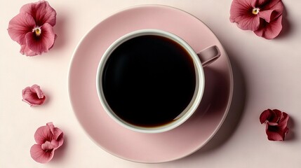   A cup of coffee sits atop a pink saucer beside an array of pink petunias