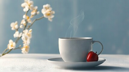   Coffee cup w/heart on saucer beside wflowers on tbl