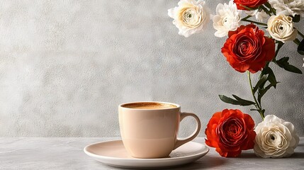   A cup of coffee on a saucer beside a white and red flower-filled vase