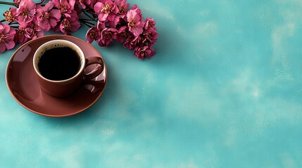   A cup of coffee on a teal blue background with a bouquet of purple flowers