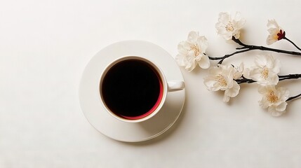   A cup of coffee sits atop a saucer beside blooming cherry blossoms on a white background