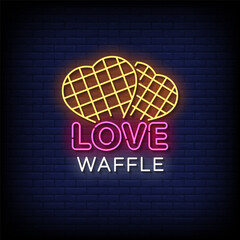 love waffle neon sign with brick wall background vector