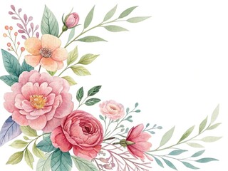 Watercolor Floral Corner Arrangement with Pink Peonies and Green Foliage Detail