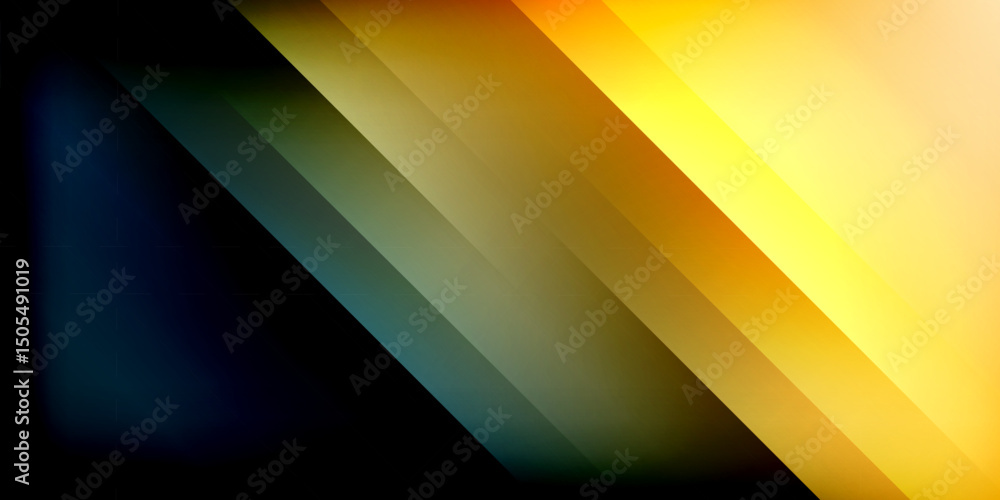 Poster Abstract gradients dominate image. Diagonal bands transition from dark blues to bright yellows. Minimalist design, smooth color flow.