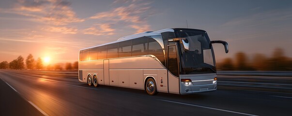 White modern tourist bus driving on highway