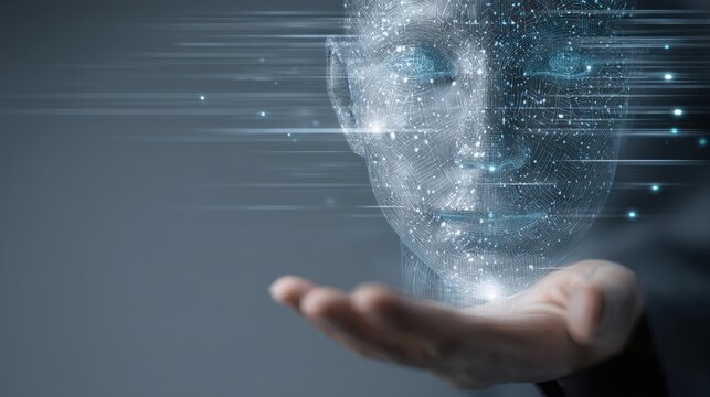 A digital human face hovers above an outstretched hand, symbolizing advanced artificial intelligence and futuristic technology.