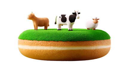 A cute cartoon farm animal set features a happy dog and cat playing in a meadow with other funny mammals like pigs, sheep, and horses