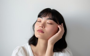 Fototapeta premium Calm young woman with short black hair resting her head on hand. Wellness and skincare concept. 