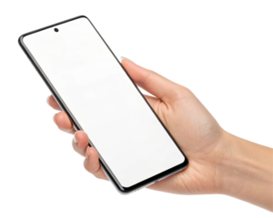 Person Holding Smartphone with Blank Screen Against Transparent Background for Display