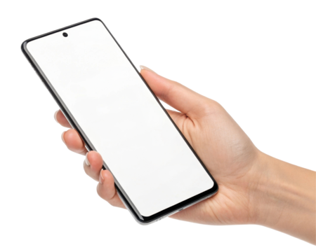 Person Holding Smartphone with Blank Screen Against Transparent Background for Display