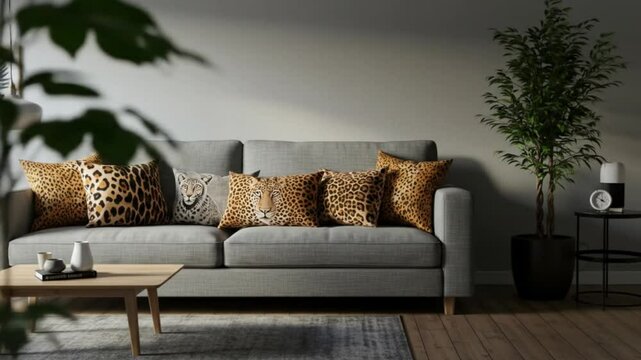 Living room interior with gray sofa, leopard print pillows, and wooden coffee table and side table