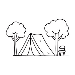 A tent under trees with a nearby chair