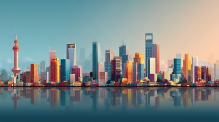 Fototapeta premium A modern city skyline in flat vector style, made with simple geometric shapes and bold, flat colors