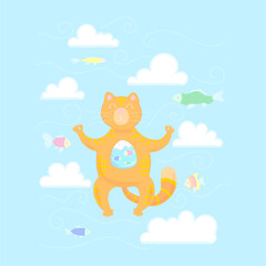 Red Zen Cat Meditating After Eating Fish.  Funny vector illustration of a fat cat meditating with front paws up after eating fish. Surrounded by floating fish and clouds. Humorous and surreal cartoon 