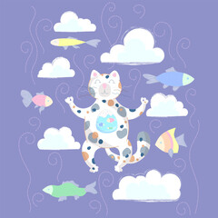 Spotted Zen Cat Meditating After Eating Fish.  Funny vector illustration of a fat cat meditating with front paws up after eating fish. Surrounded by floating fish and clouds. Humorous and surreal cart