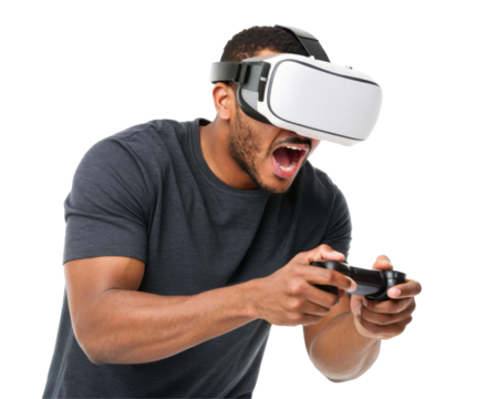 Young Man Experiencing Excitement and Action While Using Virtual Reality Headset and Controller