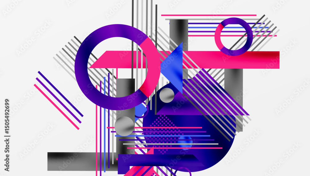 Poster abstract geometric composition. bold colors, lines, circles create dynamic visual impact. modern des