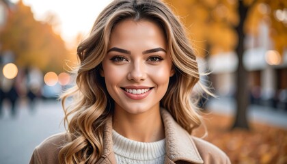 Smiling woman with autumn city street.