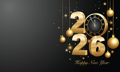 Happy new year 2026. 3d gold numbers with golden Christmas decoration and confetti on dark  background. Holiday greeting card design.