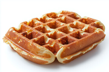 Single golden brown waffle with crisp edges and soft interior isolated on white background, showcasing its texture and inviting appearance for delicious breakfast treat