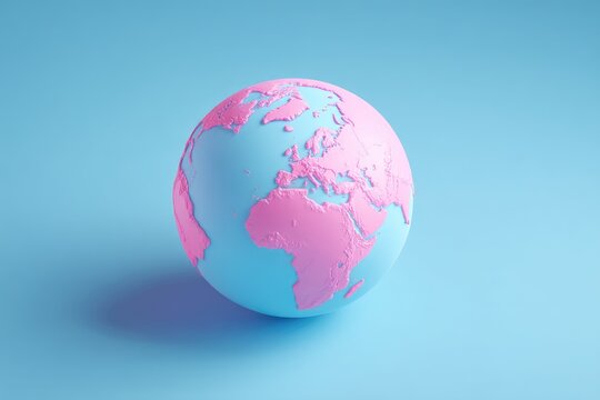 Pastel pink and blue stylized globe on a light blue background, continents subtly embossed