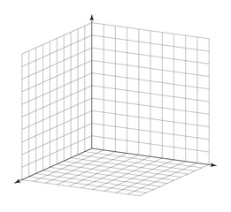 Cartesian x y z coordinate system in isometric projection 3d view on white. Orthogonal coordinate plane with three axes on square grid. Math bw template. Vector illustration