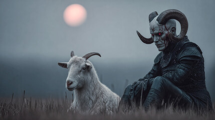 Dark fantasy horror scene showing a horned demonic being with glowing red eyes sitting beside a goat on a misty field under a red moon. Symbolic composition with satanic and gothic elements.