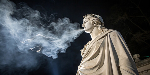 Obraz premium White Marble Statue with Smoke Effect Against Dark Background