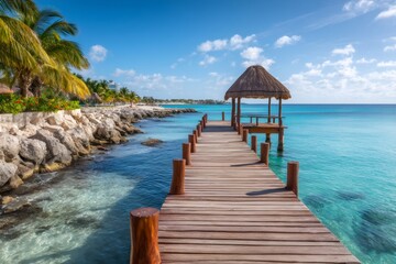 Fototapeta premium Wooden pier leading to tropical hut in turquoise caribbean sea
