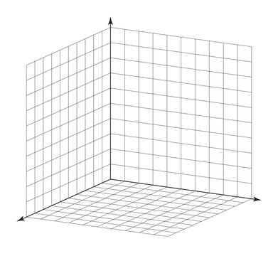 Cartesian x y z coordinate system in isometric projection 3d view on white. Orthogonal coordinate plane with three axes on square grid. Math bw template. Vector illustration