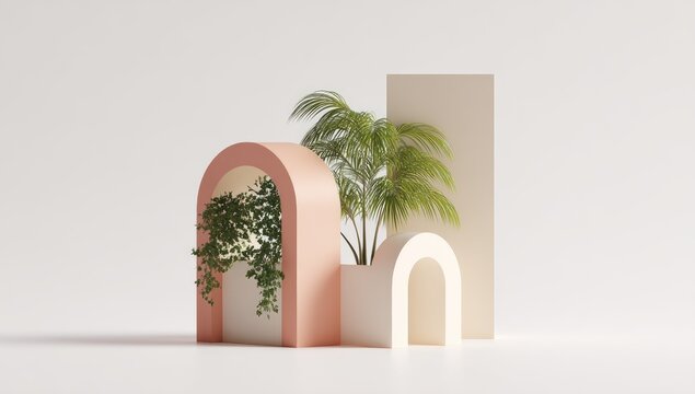 Minimalist composition featuring peach and cream arched forms, potted plants, and a vertical rectangular element against a bright white background