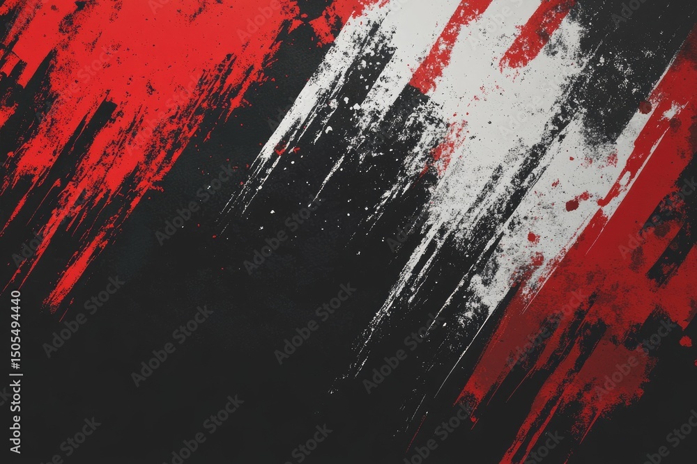 Poster abstract design with diagonal brushstrokes of red and white on a black background.