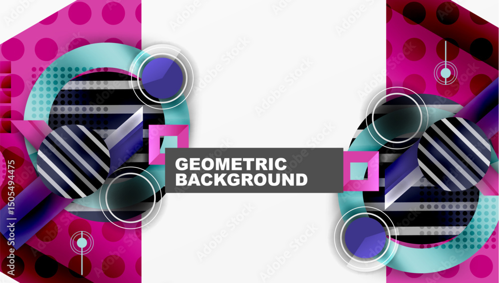Poster abstract geometric design. pink, blue, white shapes overlap creating modern visual effect. text read