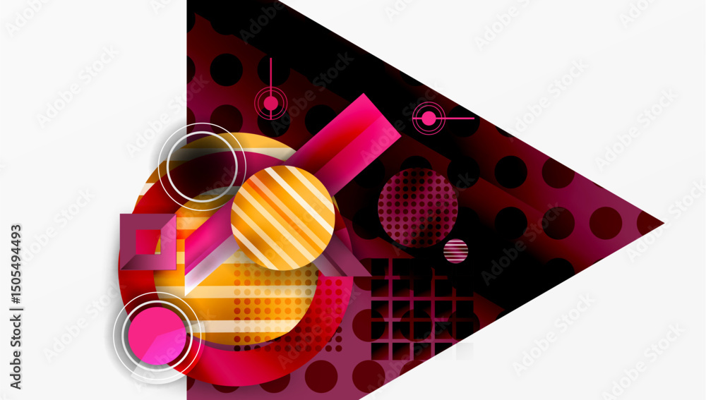 Poster Abstract geometric composition. Shapes overlap, creating dynamic visual effect. Colors include red, orange, white, pink. Modern design.