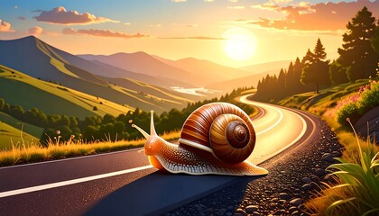 Snail journey with sunset mountains.