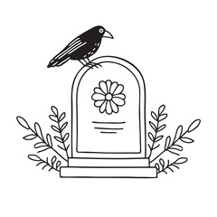 A tomb with a flower design beside a crow sitting on a branch