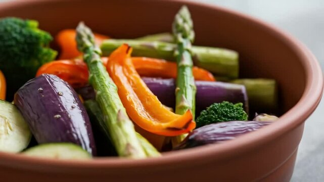 Close up of a bowl filled with colorful assorted vegetables including asparagus and bell peppers shown