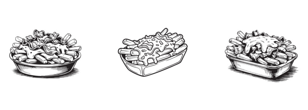 set of poutine icons, loaded fries with cheese and gravy vector, fast food concept

