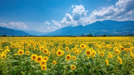 A vibrant field of sunflowers stretches toward distant mountains under a bright blue sky with scattered clouds.