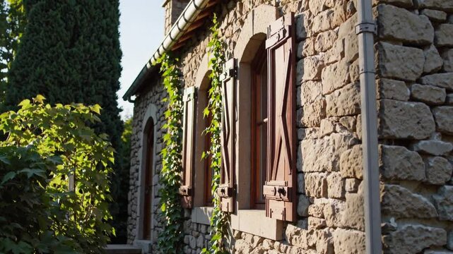 stone cottage stands motionless in the golden afternoon light, its roof covered in rustic terracotta tiles and its walls wrapped in ivy