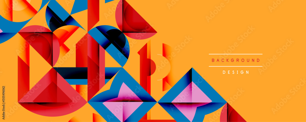 Poster abstract geometric shapes overlap, creating vibrant composition. orange background complements blue,