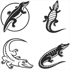 set of black silhouettes of animals aligetors, corcodile