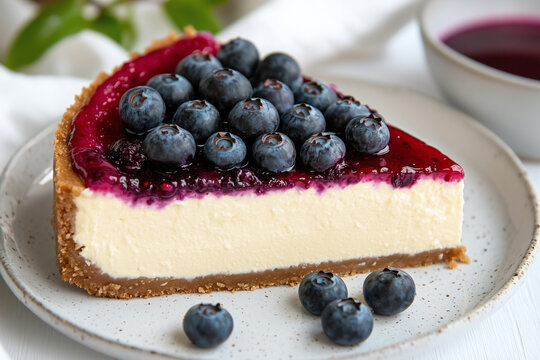 Slice of creamy cheesecake topped with fresh blueberries and glossy berry sauce on white plate, evoking delicious and inviting dessert moment