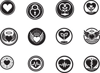 Collection of black and white heart themed icons in circular frames on a white background