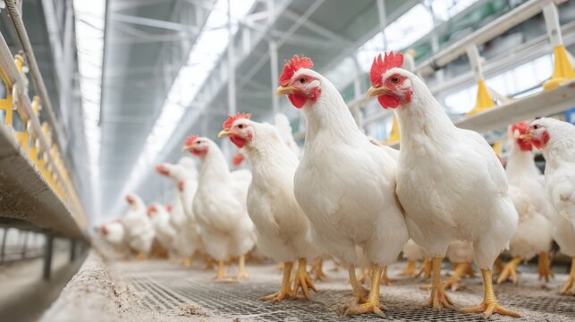 A group of white chickens stands in a modern, brightly lit poultry farm with metal grating underfoot.