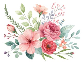 Watercolor Floral Arrangement Featuring Roses, Blossoms, Berries, and Green Foliage on White Background