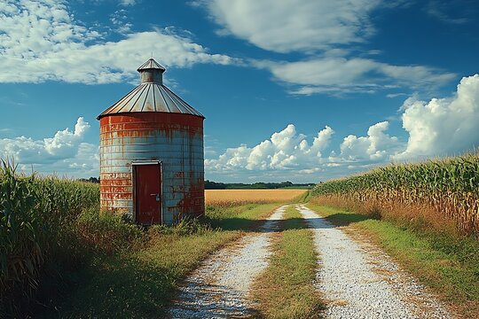 Cornfield ripening beside metal grain silos high resolution picture